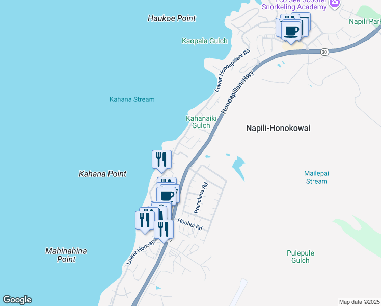 map of restaurants, bars, coffee shops, grocery stores, and more near 53 Hua Nui Place in Lahaina