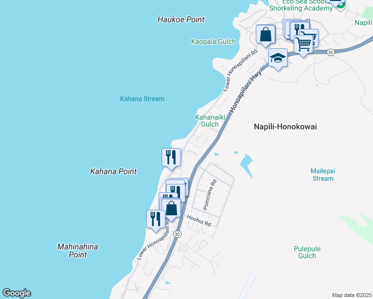 map of restaurants, bars, coffee shops, grocery stores, and more near 11 Hua Nui Place in Lahaina