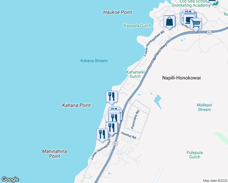 map of restaurants, bars, coffee shops, grocery stores, and more near 4531 Lower Honoapiilani Road in Lahaina