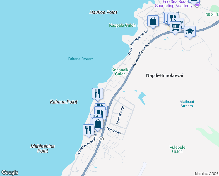 map of restaurants, bars, coffee shops, grocery stores, and more near 29 Hua Nui Place in Lahaina
