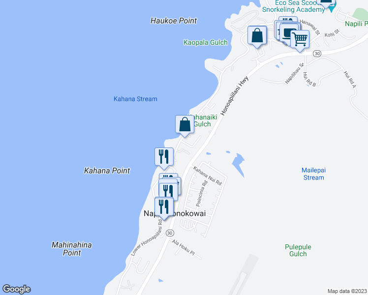 map of restaurants, bars, coffee shops, grocery stores, and more near 29 Hua Nui Place in Lahaina