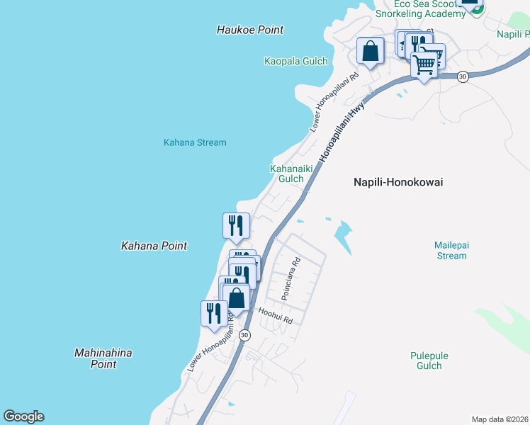 map of restaurants, bars, coffee shops, grocery stores, and more near 29 Hua Nui Place in Lahaina