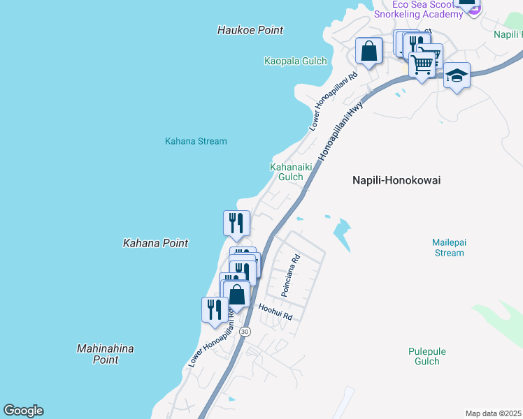 map of restaurants, bars, coffee shops, grocery stores, and more near 23 Hua Nui Place in Lahaina