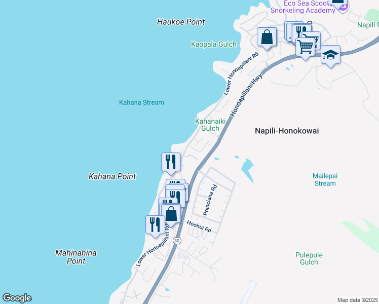 map of restaurants, bars, coffee shops, grocery stores, and more near 23 Hua Nui Place in Lahaina