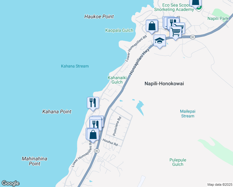 map of restaurants, bars, coffee shops, grocery stores, and more near 122 Omaikai Place in Lahaina