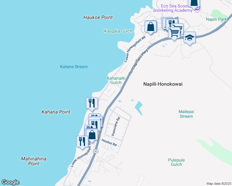 map of restaurants, bars, coffee shops, grocery stores, and more near 138 Omaikai Place in Lahaina