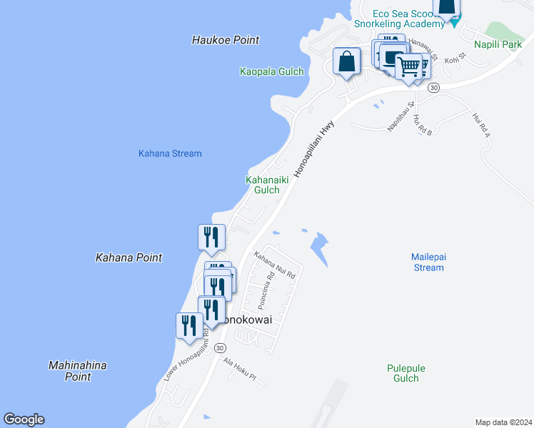 map of restaurants, bars, coffee shops, grocery stores, and more near 138 Omaikai Place in Lahaina