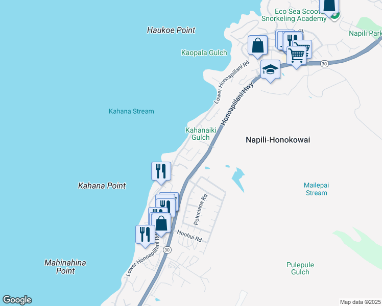 map of restaurants, bars, coffee shops, grocery stores, and more near 34 Hale Makai Place in Lahaina