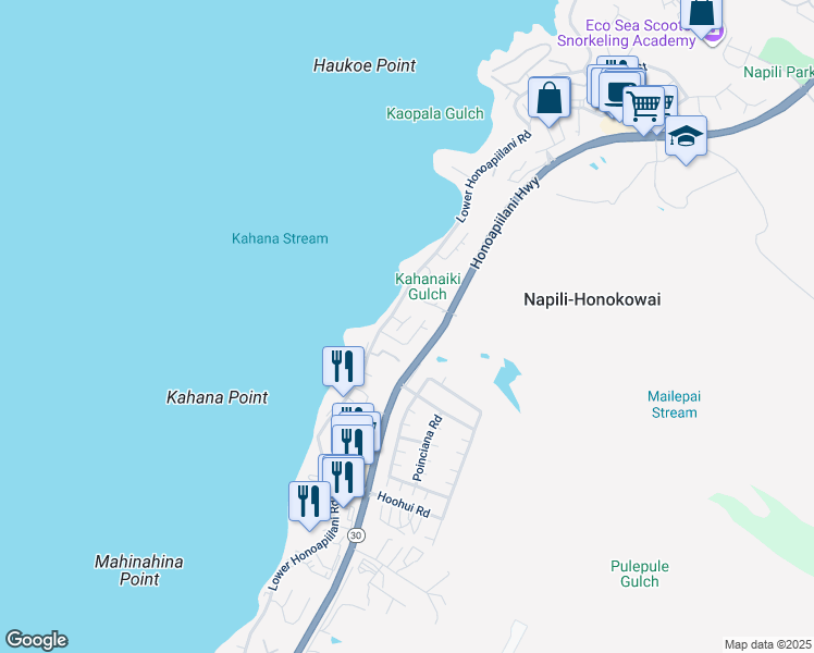 map of restaurants, bars, coffee shops, grocery stores, and more near 34 Hale Makai Place in Lahaina