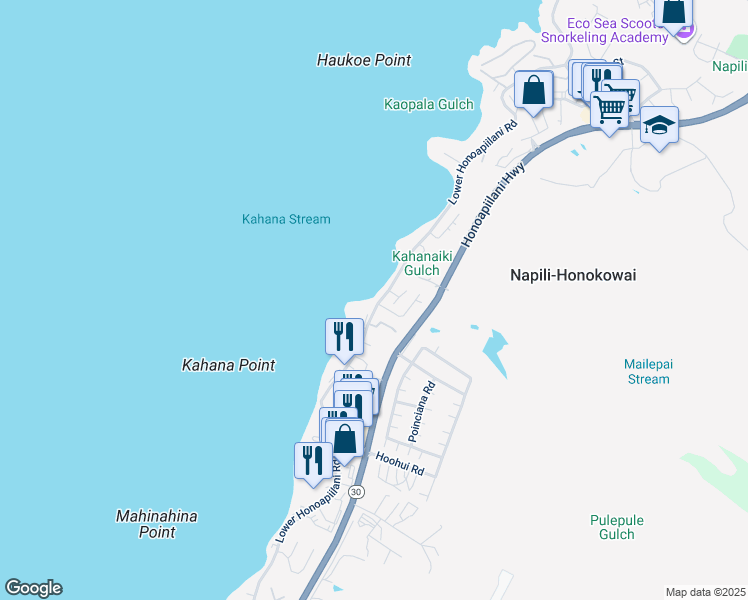 map of restaurants, bars, coffee shops, grocery stores, and more near 4593 Lower Honoapiilani Road in Lahaina