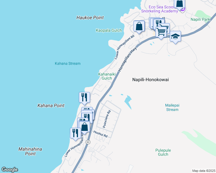 map of restaurants, bars, coffee shops, grocery stores, and more near 156 Omaikai Place in Lahaina