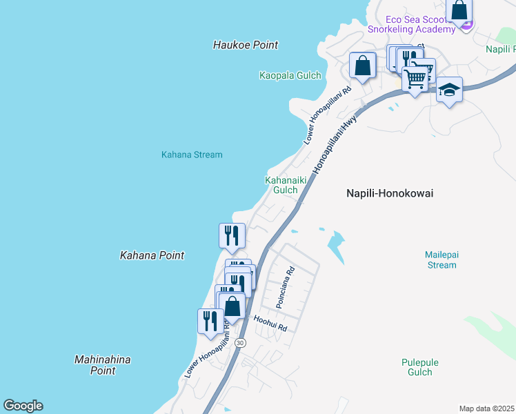 map of restaurants, bars, coffee shops, grocery stores, and more near 4593 Lower Honoapiilani Road in Lahaina