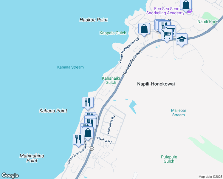 map of restaurants, bars, coffee shops, grocery stores, and more near 160 Omaikai Place in Lahaina