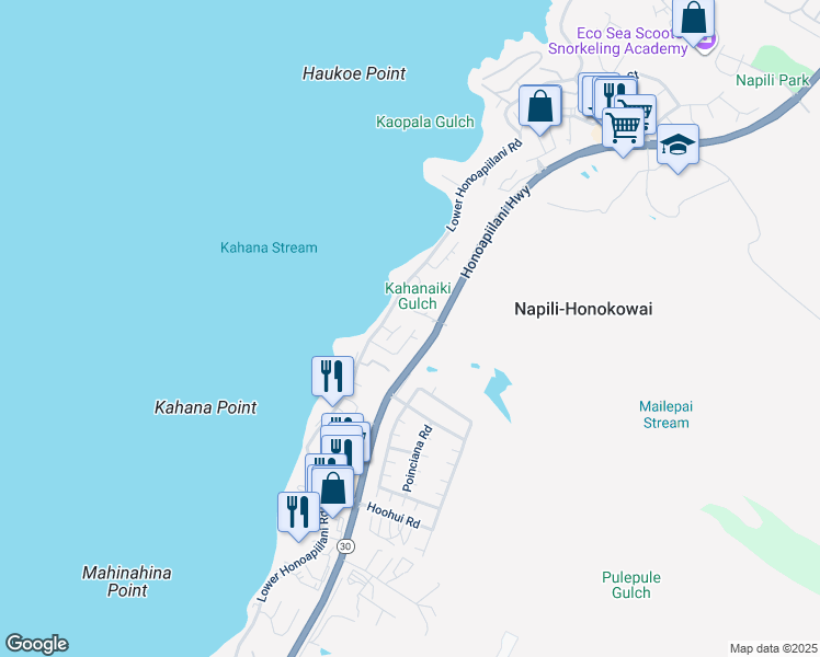 map of restaurants, bars, coffee shops, grocery stores, and more near 151 Omaikai Place in Lahaina