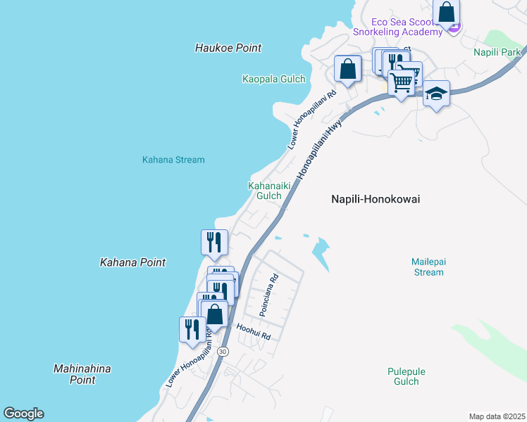 map of restaurants, bars, coffee shops, grocery stores, and more near 151 Omaikai Place in Lahaina