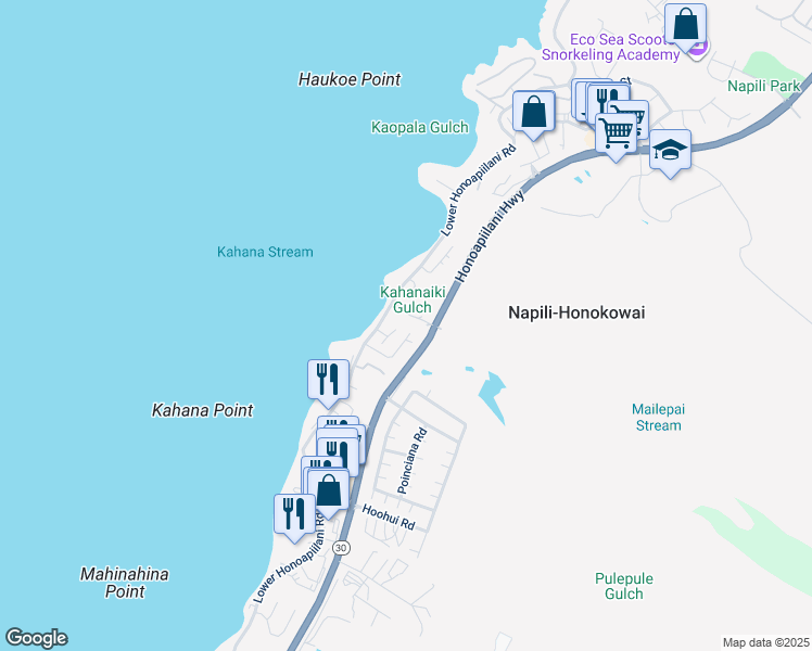 map of restaurants, bars, coffee shops, grocery stores, and more near 136 Omaikai Place in Lahaina