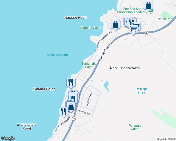 map of restaurants, bars, coffee shops, grocery stores, and more near 136 Omaikai Place in Lahaina