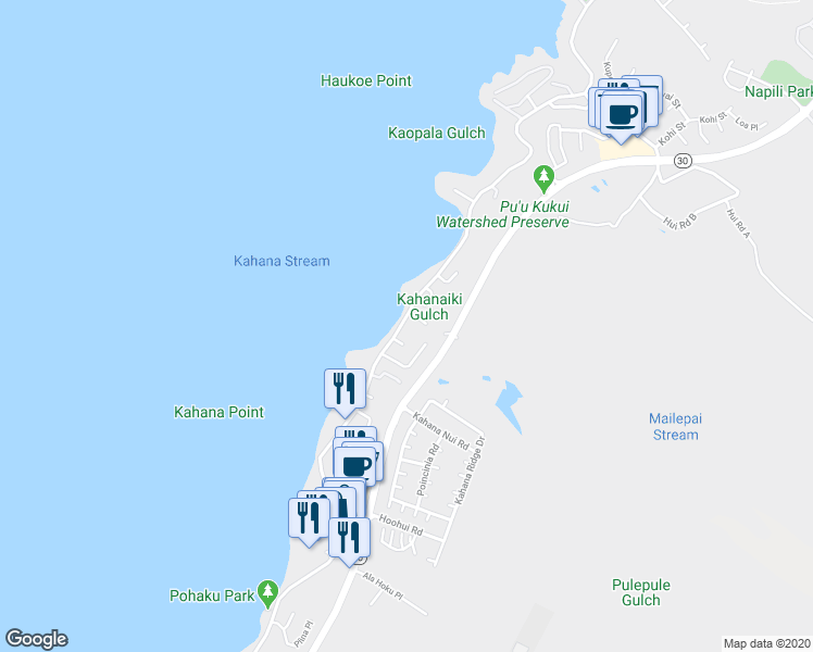 map of restaurants, bars, coffee shops, grocery stores, and more near 4630 Lower Honoapiilani Road in Lahaina