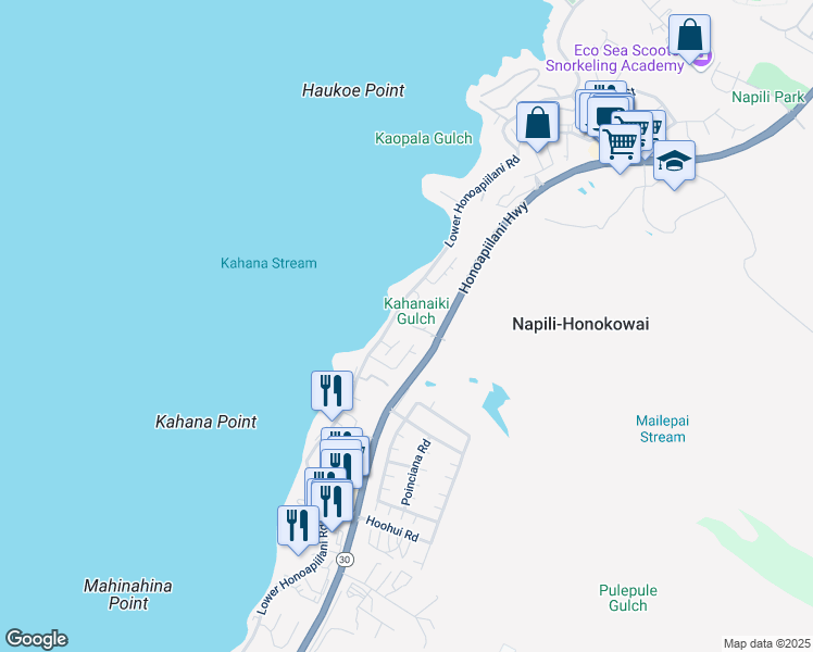 map of restaurants, bars, coffee shops, grocery stores, and more near 43 Kahana Place in Lahaina