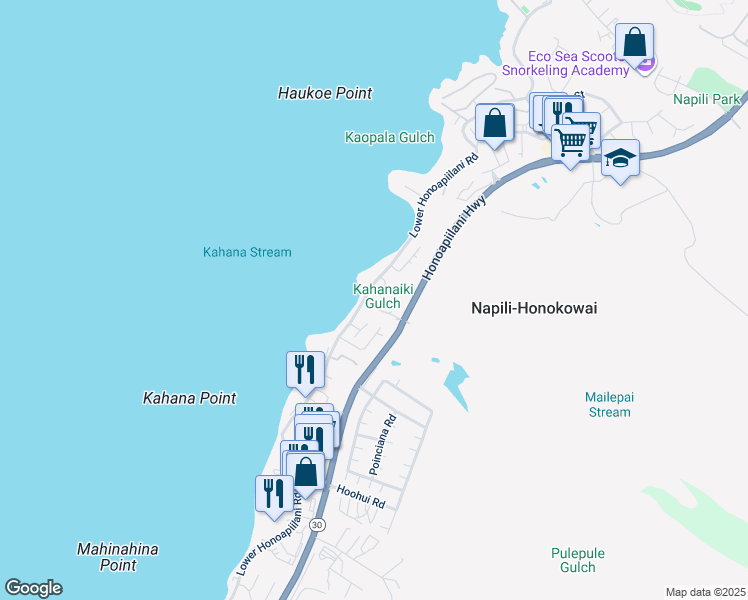 map of restaurants, bars, coffee shops, grocery stores, and more near 43 Kahana Place in Lahaina