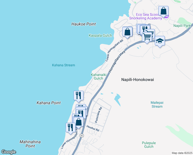map of restaurants, bars, coffee shops, grocery stores, and more near 43 Kahana Place in Lahaina