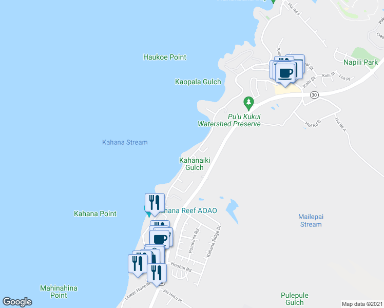 map of restaurants, bars, coffee shops, grocery stores, and more near 4695 Lower Honoapiilani Road in Lahaina