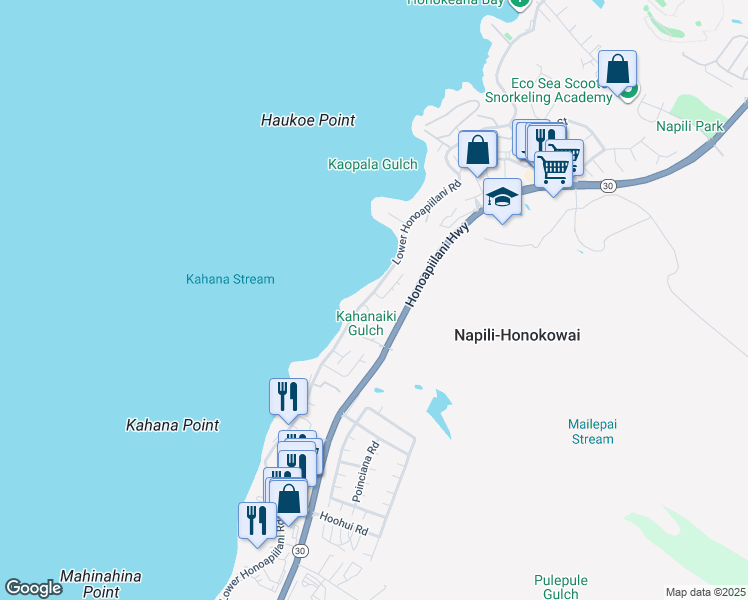 map of restaurants, bars, coffee shops, grocery stores, and more near 4695 Lower Honoapiilani Road in Lahaina
