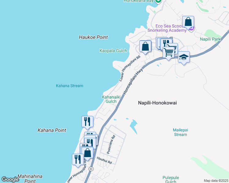 map of restaurants, bars, coffee shops, grocery stores, and more near 10 Puamana Place in Lahaina