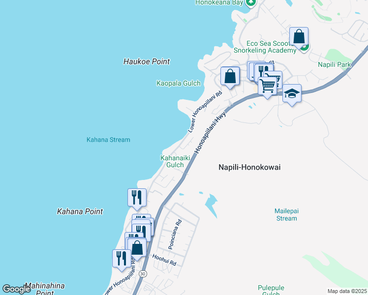 map of restaurants, bars, coffee shops, grocery stores, and more near 38 Puamana Place in Lahaina
