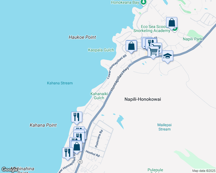 map of restaurants, bars, coffee shops, grocery stores, and more near 38 Puamana Place in Lahaina