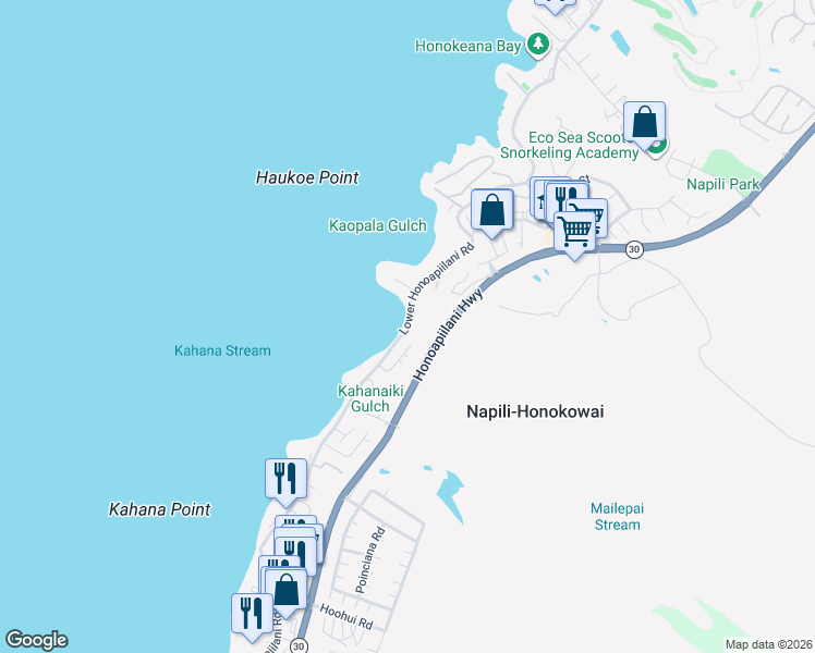 map of restaurants, bars, coffee shops, grocery stores, and more near 4788 Lower Honoapiilani Road in Lahaina