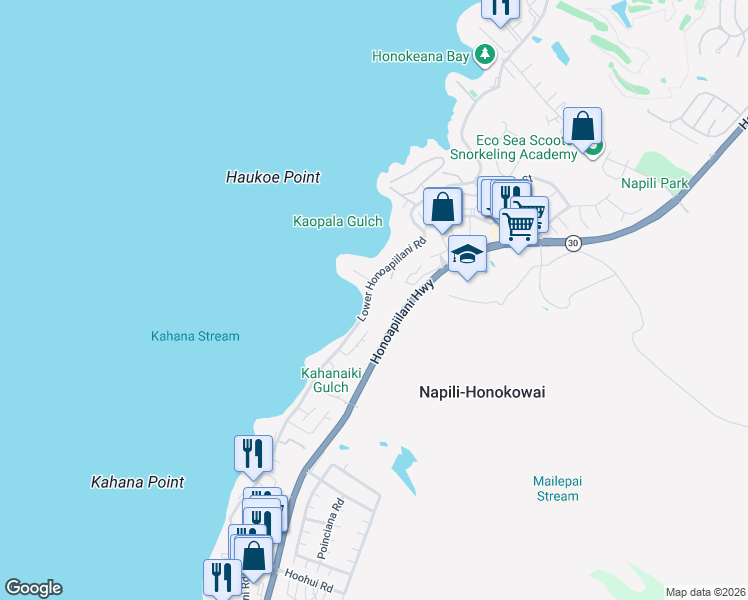 map of restaurants, bars, coffee shops, grocery stores, and more near 4788 Lower Honoapiilani Road in Lahaina
