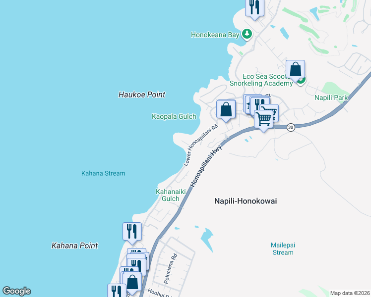 map of restaurants, bars, coffee shops, grocery stores, and more near 20 Hui Road East in Lahaina