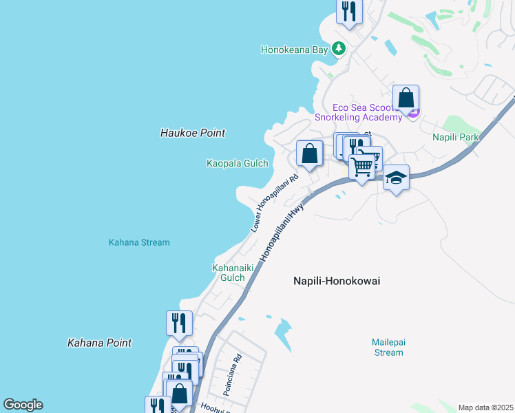 map of restaurants, bars, coffee shops, grocery stores, and more near 20 Hui Road East in Lahaina