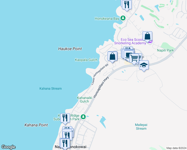 map of restaurants, bars, coffee shops, grocery stores, and more near 7 Hui Road East in Lahaina