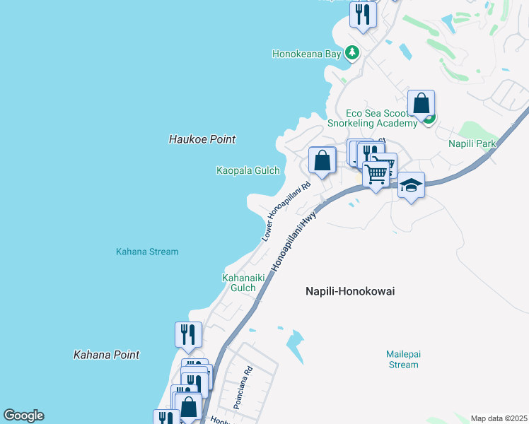 map of restaurants, bars, coffee shops, grocery stores, and more near 20 Hui Road East in Lahaina