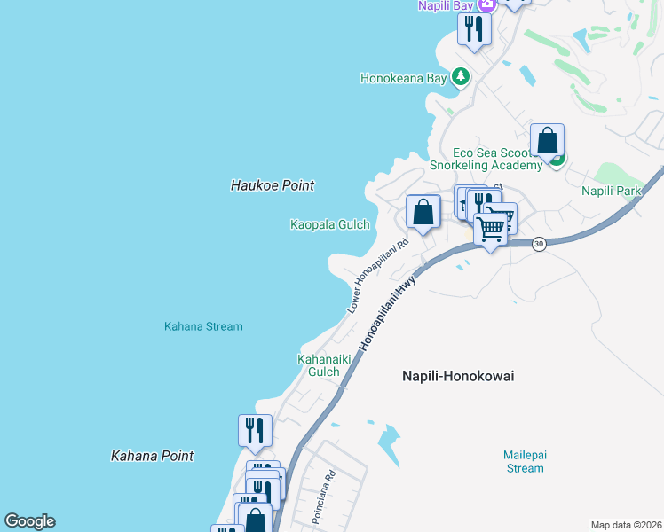 map of restaurants, bars, coffee shops, grocery stores, and more near 51 Hui Road East in Lahaina