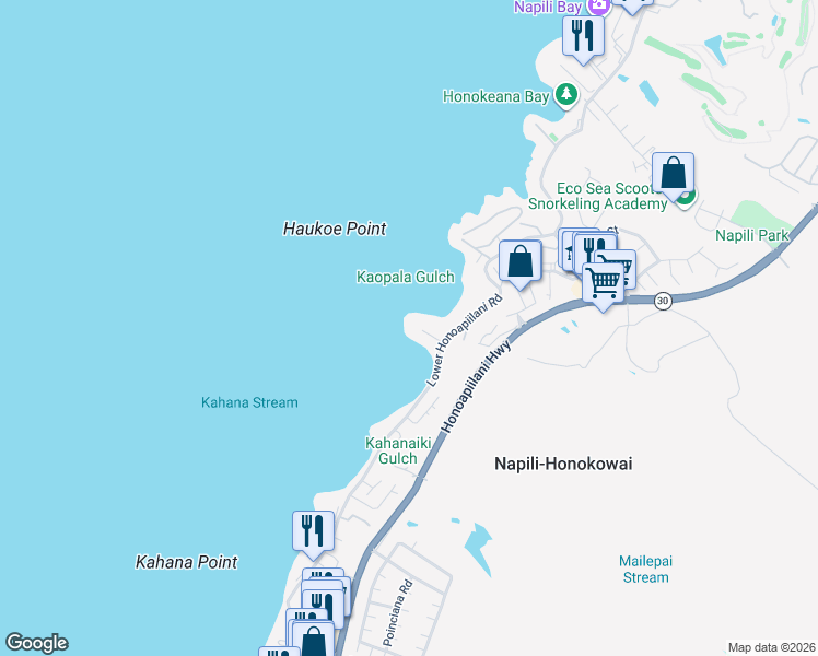map of restaurants, bars, coffee shops, grocery stores, and more near 51 Hui Road East in Lahaina