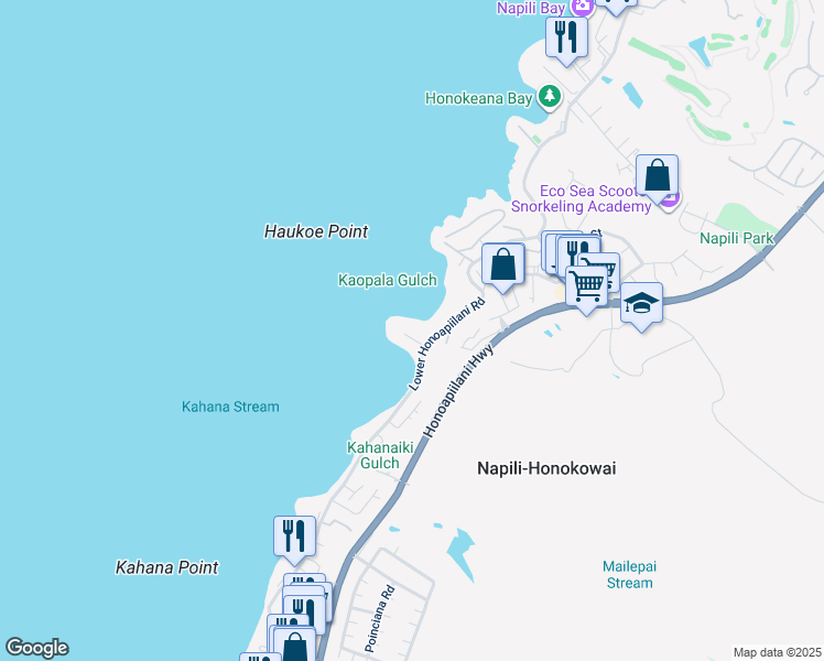 map of restaurants, bars, coffee shops, grocery stores, and more near 20 Hui Road East in Lahaina