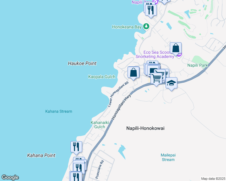 map of restaurants, bars, coffee shops, grocery stores, and more near 4851 Lower Honoapiilani Road in Lahaina