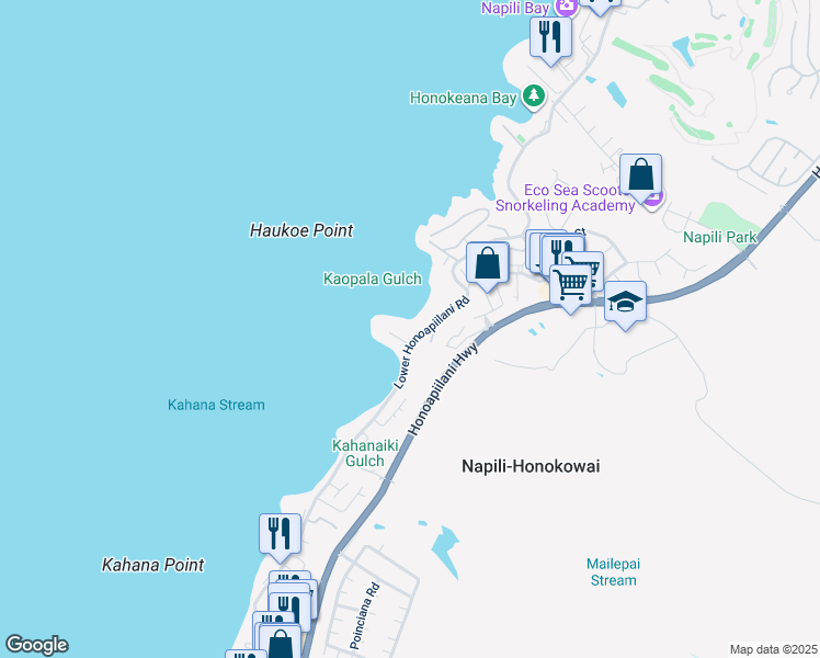 map of restaurants, bars, coffee shops, grocery stores, and more near 4851 Lower Honoapiilani Road in Lahaina