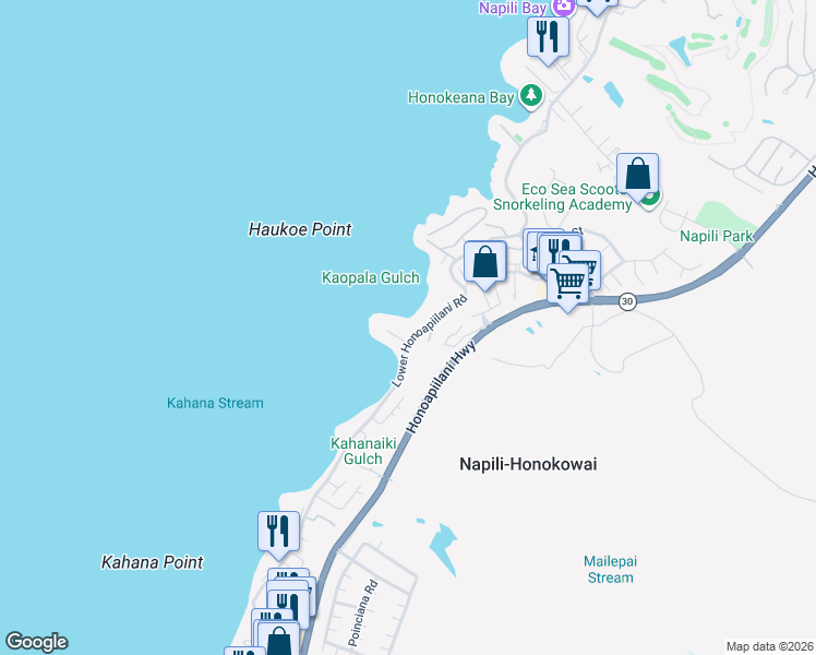 map of restaurants, bars, coffee shops, grocery stores, and more near 20 Hui Road East in Lahaina
