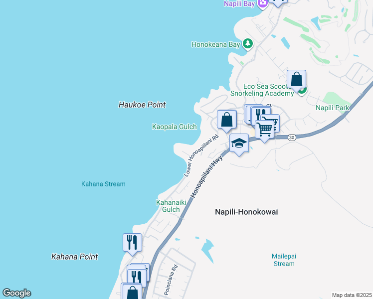 map of restaurants, bars, coffee shops, grocery stores, and more near 20 Hui Road East in Lahaina