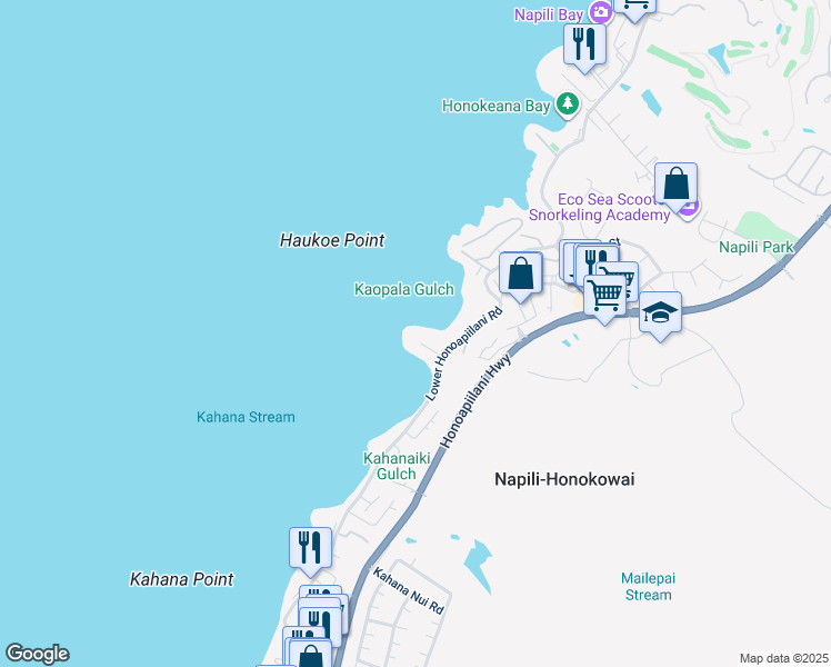 map of restaurants, bars, coffee shops, grocery stores, and more near 20 Hui Road East in Lahaina
