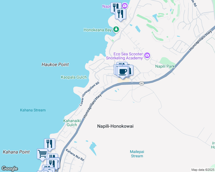 map of restaurants, bars, coffee shops, grocery stores, and more near 22 Polohina Lane in Lahaina