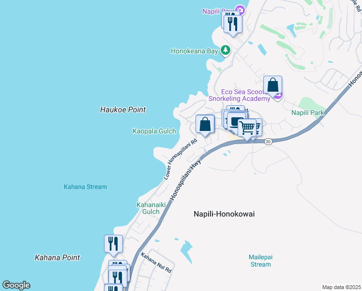 map of restaurants, bars, coffee shops, grocery stores, and more near 4885 Lower Honoapiilani Road in Lahaina