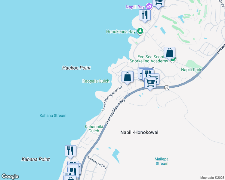 map of restaurants, bars, coffee shops, grocery stores, and more near 4885 Lower Honoapiilani Road in Lahaina