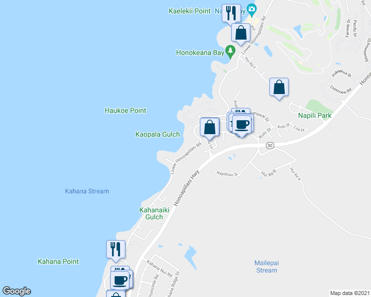 map of restaurants, bars, coffee shops, grocery stores, and more near 4885 Lower Honoapiilani Road in Lahaina