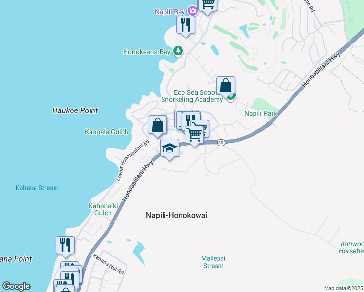 map of restaurants, bars, coffee shops, grocery stores, and more near in Napili-Honokowai