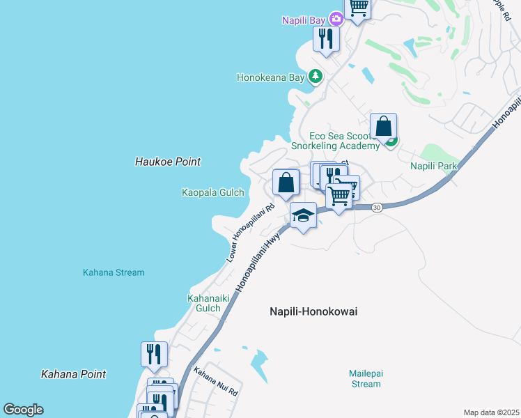 map of restaurants, bars, coffee shops, grocery stores, and more near 4909 Lower Honoapiilani Road in Lahaina